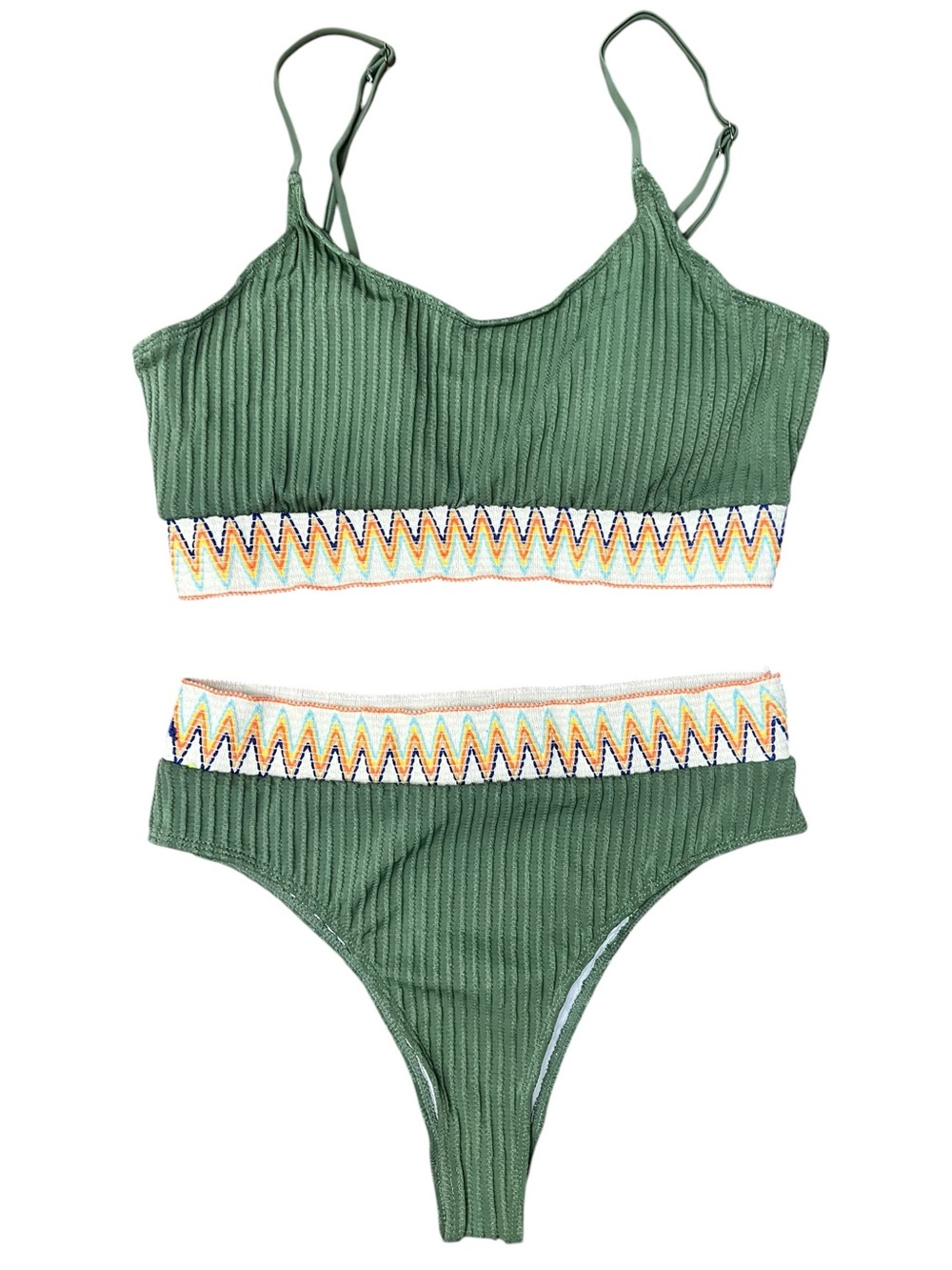 Boho Earthy Olive Green Ribbed High Waist Bikini XL Chevron Spaghetti Strap NWOT